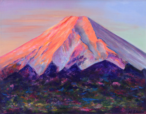 私は老いた父と母を励ますために「初陽の赤富士」を描きました。<br />
人々の幸せを祈りつつ、世界に誇る富士山の絵を描き続けることに自分も生きがいを感じます。