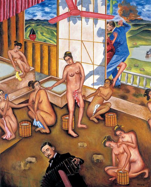 横尾忠則 「踊るデュシャン、弾く漱石」 2004年