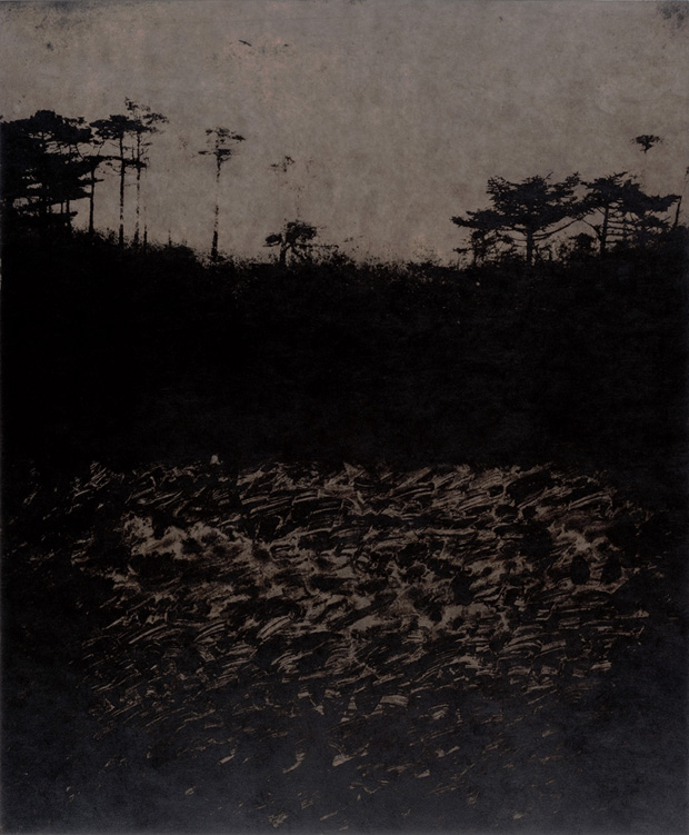 池田良二「秘やかな境界―落石」2013年　70×58cm　（「池田良二新作銅版画展」出品）