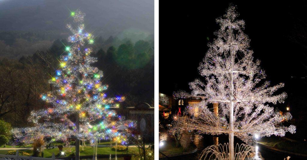 太陽の光を受けて輝くクリスマスツリー「アベーテ」(左)と夕景の「アベーテ」(右)　
