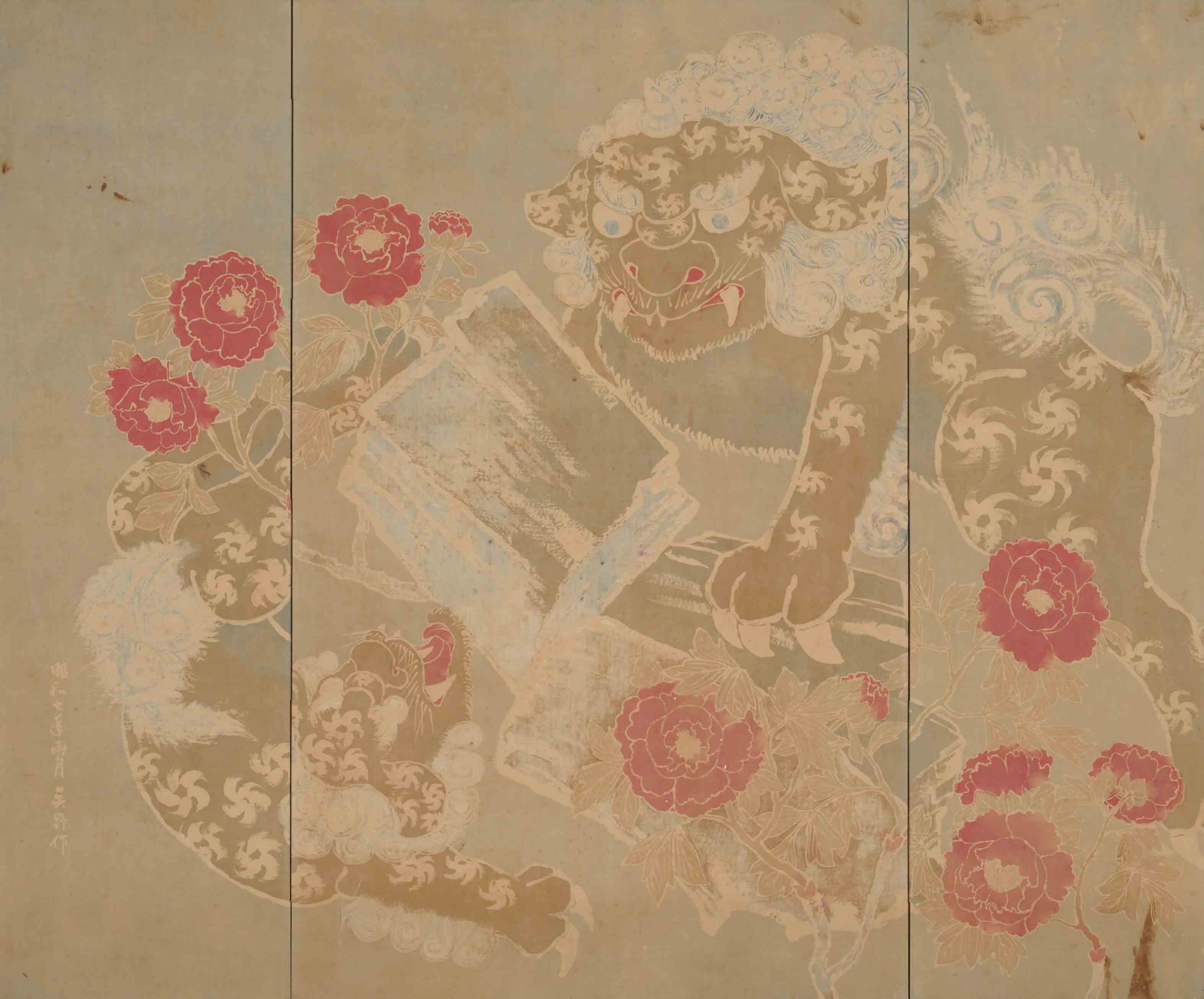 鶴巻鶴一「唐獅子牡丹臈纈染屏風」1932年　AN.2693　京都工芸繊維大学美術工芸資料館蔵