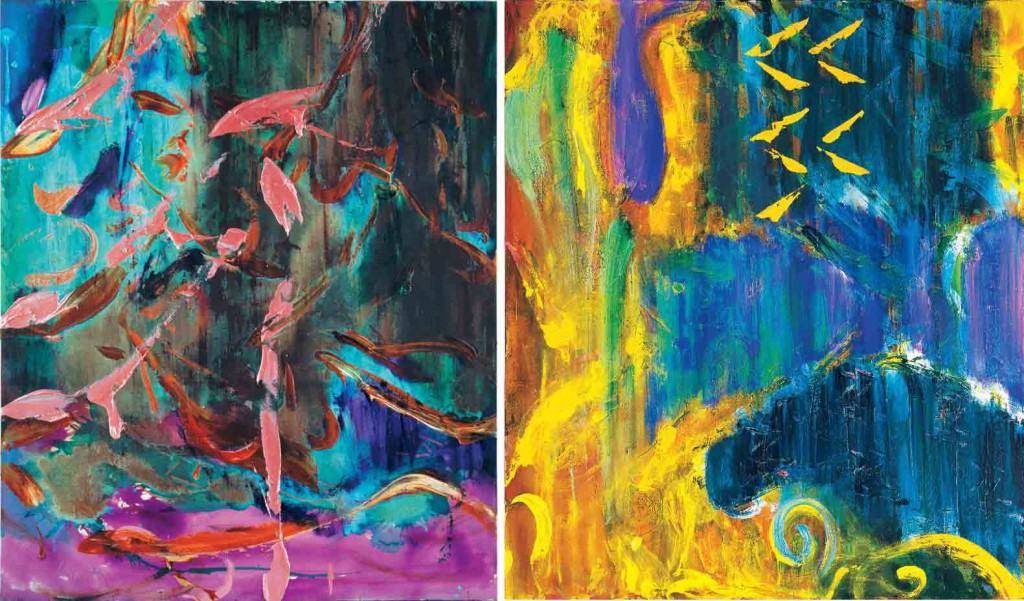 (左)「死を悼みて濡れた紫の水瀬に立つ者」　2001-02年　アクリリック／綿布 290.3×240.2cm　財団法人セゾン現代美術館蔵 (右)「採桑老67（黄瀬萢の翁）」　2001年　アクリリック、水彩、小石／綿布　290×250㎝　個人蔵 