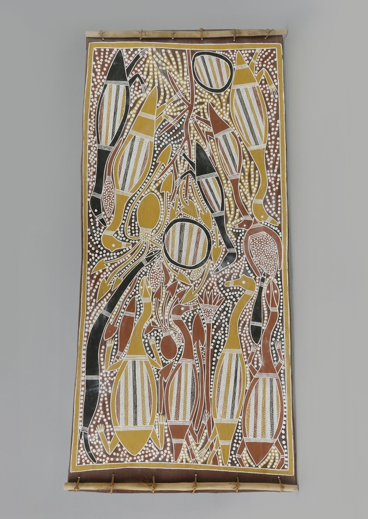 樹皮画｢マイ・カントリー｣　作者：ジョニー・ブルンブルン　民族：アボリジニ　  国名：オーストラリア　1982年制作