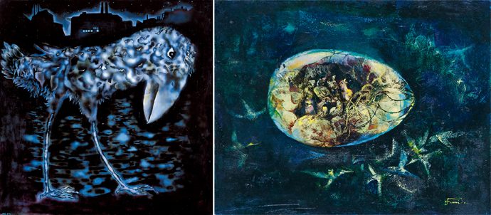 (左)小野絵麻《裏道がお好き》1977年　キャンバス、油彩＋アクリル絵具　個人蔵 (右)小野二三《誕生の詩》1974年　ボード、油彩　個人蔵　