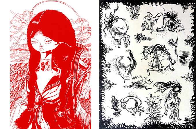(左)「聖少女」　1974年　亜鉛凸版、紙　375×278ｍｍ (右)「交接図」（部分）　1961年　リトグラフ、紙　360×505ｍｍ　※初公開