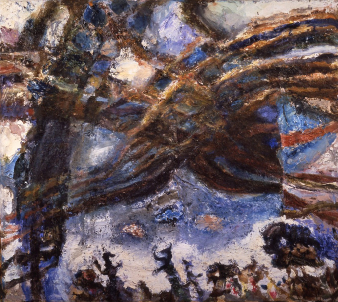 朝井閑右衛門《電線風景》1960年　油彩、カンヴァス　神奈川県立近代美術館蔵
