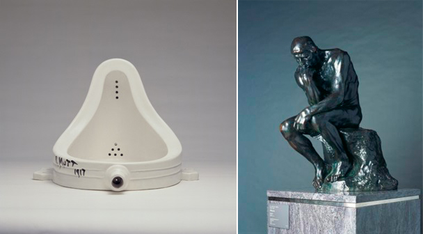 (左)マルセル・デュシャン《泉》1917年（1964年、シュヴァルツ版 ed. 6/8）、 小便器（磁器）・手を加えたレディメイド、36.0×48.0×61.0cm、京都国立近代美術館 ⓒSuccession Marcel Duchamp / ADAGP, Paris & JASPAR, Tokyo, 2015 E1582 (右)オーギュスト・ロダン《考える人》1880年、ブロンズ、 71.5×45.0×60.0cm、国立西洋美術館　松方コレクション　　Photo：上野則宏