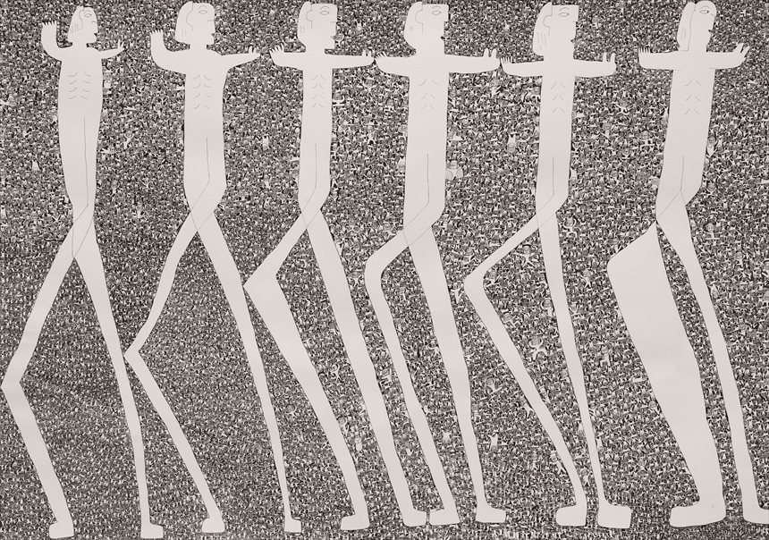 山田美智子《6人の巨人と仲間》2014年　767×1087mm　画用紙、マーカー