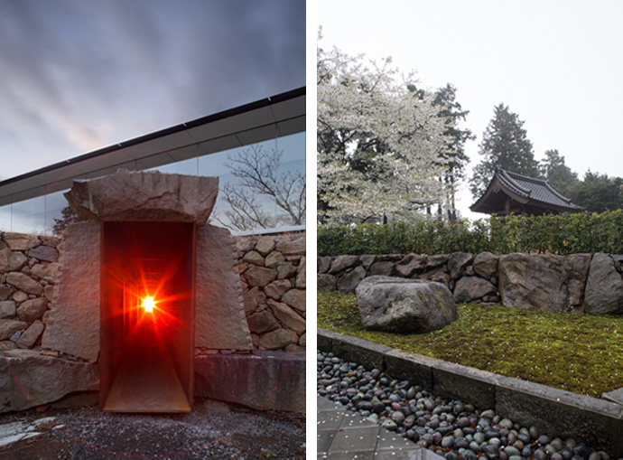 左：冬至光遥拝隧道 ©小田原文化財団　　右：明月門と五条大橋礎石 ©小田原文化財団
