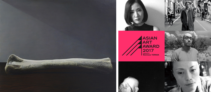 左：「日産アートアワード2017」ファイナリスト　横山奈美《最初の物体》油彩、麻布　181.8×227.3 cm　怡土鉄夫撮影　左：「Asian Art Award」
