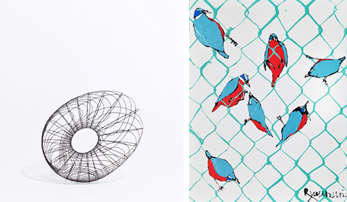 左：四代 田辺竹雲斎《Disappear Ⅰ》（大口美術店花筥）　右：今井龍満《7 Small birds perched on green net fence 2017》（福田画廊）