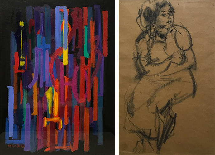 左：ミリヤーナ《キリル文字》アクリル画　　右：吉岡憲《婦人像》