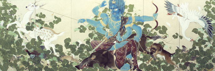 《狩人の幻想》 1948年　紙本彩色　額装六枚一面　239.8×721.6cm　和歌山県立近代美術館蔵