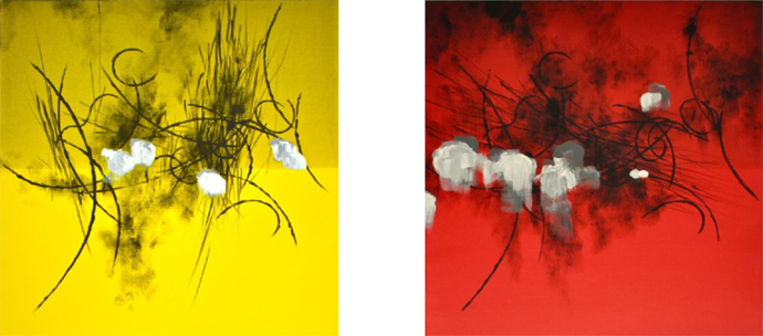 《Another Nature (yellow)・Another Nature (red)》、2017年、100×100cm、カンバスに墨と絵具