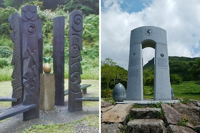 （左）「円－縁」大地の芸術祭 新潟　2003年　H300cm （右）トニー・ザイラー顕彰碑　2011年　蔵王・山形 H500㎝