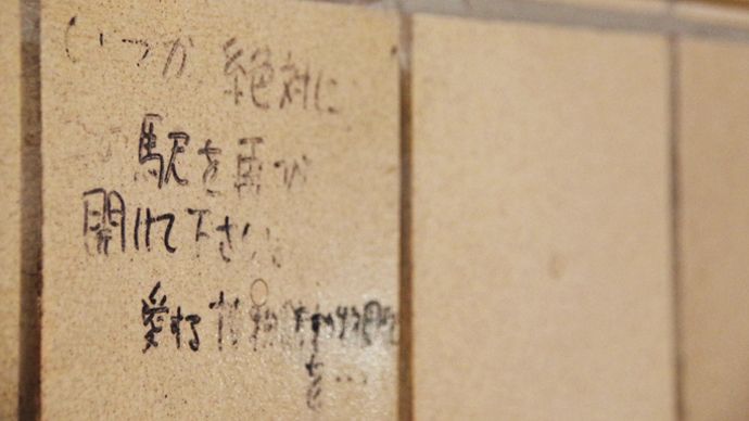 当時の利用者による落書きもそのまま。駅舎内にはかつての京成電鉄CMソング「グングン京成」を基にした音楽と、真下を通過する電車の走行音が響き渡る。