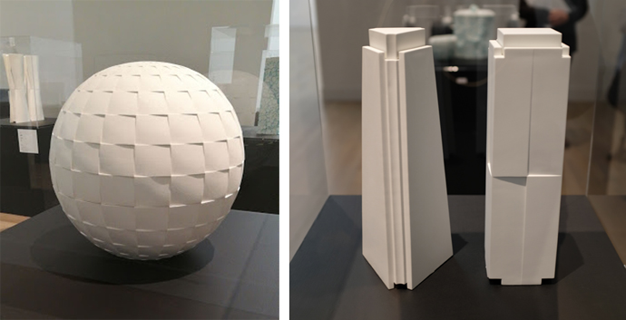 （左）「太陽」2017年　個人蔵 （右）左：「白磁｜記憶」2017年　松森美術館蔵、右：「白器｜記憶」2017年　個人蔵