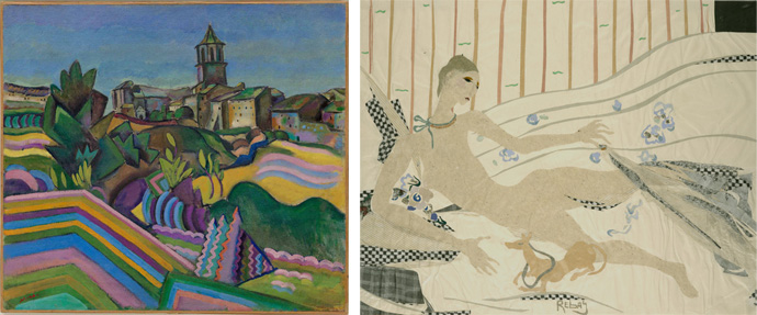 （左）ホアン・ミロ《プラデス村》1917年　グッゲンハイム美術館蔵　© 2019 Successió Miró / Artists Rights Society (ARS), New York / ADAGP, Paris （右）グッゲンハイム美術館創設キュレーターで後年抽象画を描いたヒラ・リーベイの作品《犬》年代不詳　グッゲンハイム美術館蔵 © 2019 The Hilla von Rebay Foundation