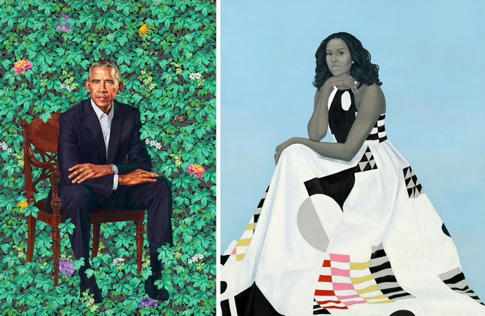 ワイリー《バラク・オバマ》（左）© 2018 Kehinde Wileyとエーミー・シェラルド《ミシェル・オバマ》。ともに2018年、カンバスに油彩、国立肖像美術館蔵