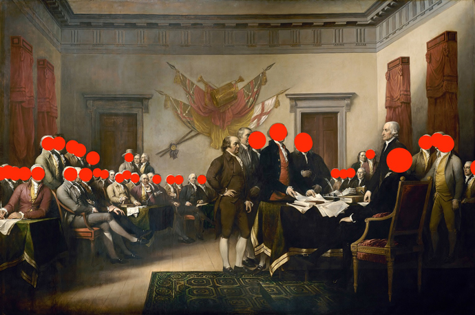 ジョン・トランブル作《独立宣言》（1818年）に赤丸をコラージュして奴隷所有者を示した画像作品をアーレン・パーサ @arlenparsa はツイッターに投稿した Courtesy Arlen Parsa