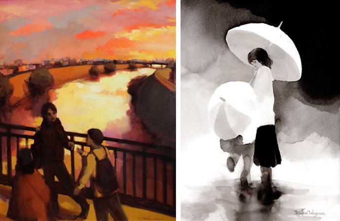 （左）《かえり道》161.1×130.3㎝ キャンバスに油彩 第96回白日会展 梅田画廊賞 （右）《雨の日に》28×21cm　アクリルデネブ紙に墨「描くことは生きること　創ることは生きること」展示に出品