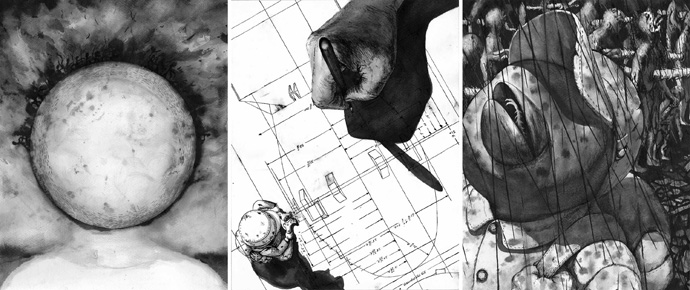 蔦谷楽《くものいと》連続ドローイング・ シリーズ　2020年　左から「第1日：灼熱」、「第9日：ファット・マンの設計図」、「第32日：黒い雨」　©Gaku Tsutaja, Courtesy of Ulterior Gallery, NY