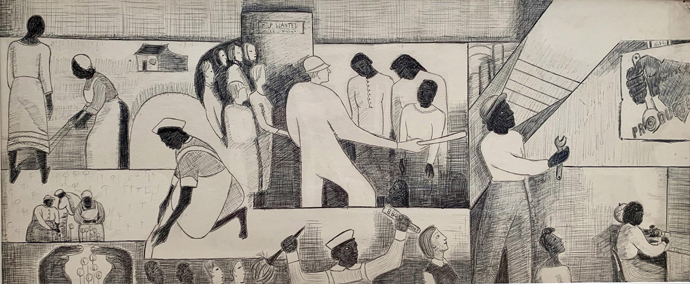 セルマ・ジョンソン・トリート《働くニグロたち：労働の場における女性を中心とする壁画習作》1944年　Collection of Bernard Friedman