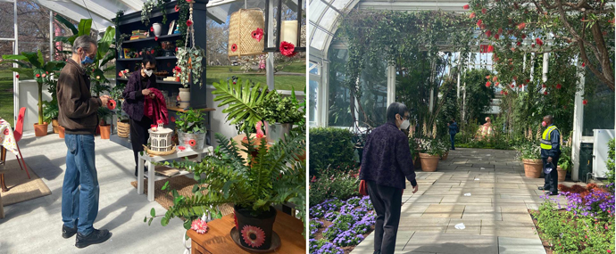左：草間彌生《フラワー・オブセッション》2017/2021年で花のスティッカーを貼る筆者　右：草間彌生《スターリー・パンプキン》へ向かうプロムナードの花壇を見る筆者　ともに吉竹美香撮影