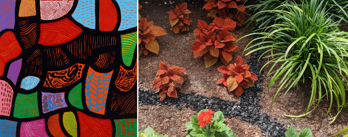 左：草間彌生《一人、花園に埋もれば》2014年作家像　右：草間絵画を下敷きにした温室プロムナードの一部　筆者撮影