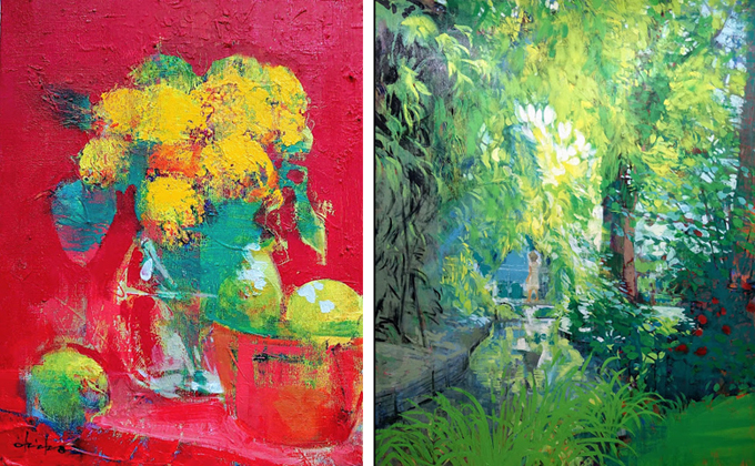 左《花とレモン》40.9×31.8cm 右《光の方へ（ジヴェルニーの庭）》193.9×162.1cm