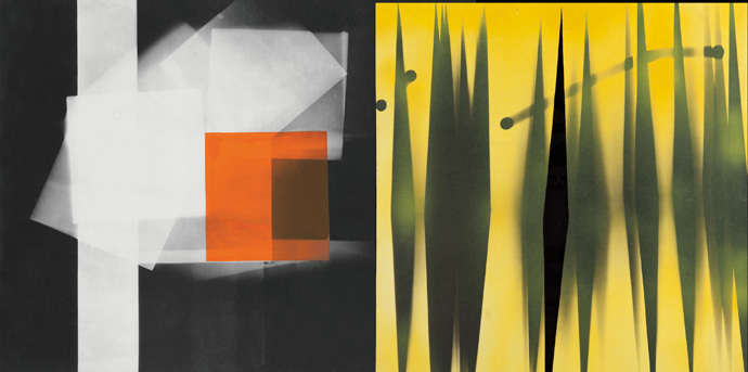 ウィリアム・クライン《無題（黒と橙のジェル紙の上のぶれた白い四角）》＋《無題（黄色の上の動く菱形）》1952年頃 © William Klein, Courtesy Howard Greenberg 