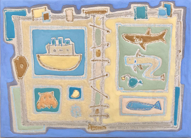 《海の図鑑》　4号　麻紙、岩絵具、膠、クレヨン　杉山の近作では、”見立て”に基づきながらも少しずつ「存在」が立ち現れつつある。曼荼羅の中に登場する動物や植物たちは来るべき「存在」への予兆と言える。