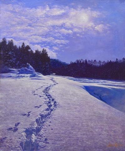 《夢追人》　45.5×37.9cm　大沼にとっての原風景は「青」と「白」だ。風景画に専念するようになってから、山形という雪国出身