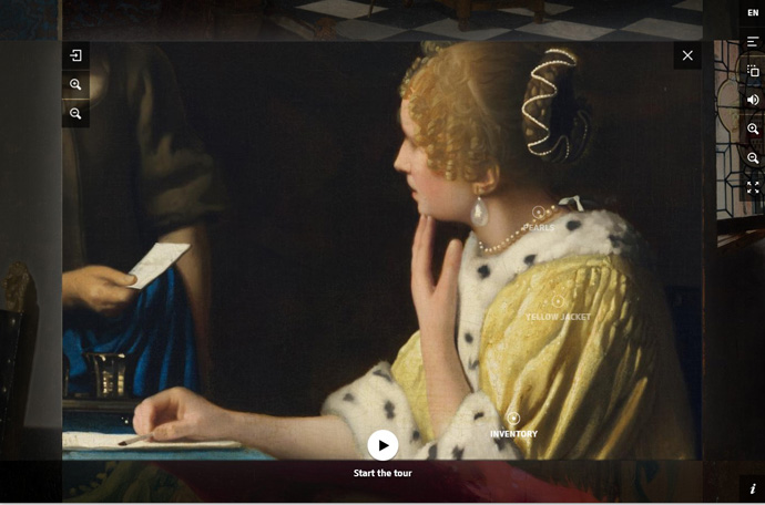 《手紙を書く婦人と召使》1664-67年（ナショナル・ギャラリー・オブ・アート、ワシントン）のクロースアップをすると、「黄色いジャケット（yellow jacket）」、「真珠（pearls）」、「画家の遺品（inventory）」の解説トピックが選べる。