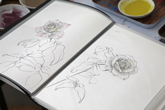 ライフワークとして取り組む、薔薇の写生。「”描く”ことは、ある意味で”祈り”の行為だと思っています。」 藝大アートプラザ「藝大神話―GEISHIN」には、スケッチと本画、全て薔薇を描いたものを出品する。