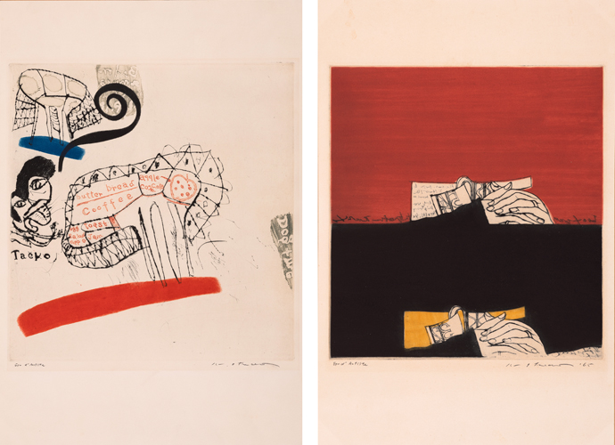 左：池田満寿夫《タエコの朝食》1963年　広島市現代美術館 右：池田満寿夫《聖なる手1》1965年　広島市現代美術館