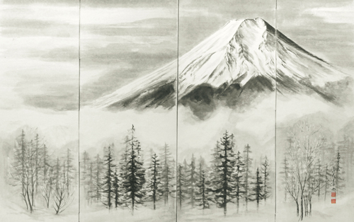 ふるさとは、遠くにありて想うもの。<br />
富士山も遠く眺めて、より美しい。<br />
女神を祉るせいか、裾野を長く引くせいか。<br />
富士山は美しさの上に、優しさがのる。<br />
絵描きは先ず足許からと、富士五湖をはじめ周りをいろいろ巡ってみた。<br />
憧れは日々つのり、朝夕富士を拝める所に住むことこそ、日本人にとって最高の幸せではなかろうかと、真剣についの棲家を考えたこともあった。<br />
結果、富士山は遠くにありて想うもの。<br />
昨年、世界遺産が決まり、日本に生まれた誇りさえ感じている。<br />
四曲屏風としての作品は、現在、日蓮宗妙善寺に収蔵され、秀苑の未来を見守ってくれている。