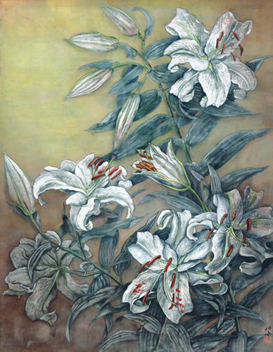 京都の御寺の大黒様が、境内に咲いている、それは見事な、背丈ほどもある山百合を、おしげもなく切り、数本くださいました。うれしく、わくわくしながら、スケッチしました。<br />
それが、この50号の日本画となりました。風に揺れ、紅い花粉が花びらに…。良き香りをはなちつつ…。いつまでも凛として、人生、おくりたいものですね！！
