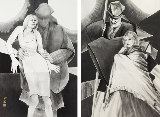 この作品は、最初から二点で一つに作品と考えて創作したものである。「映影」という題名は作画以前に心にあったもので、そのイメージから構成・構図ができたといっていい。人間の持つ「喜怒哀楽」の情を描くのは、絵画表現の大きな命題であるが、若い女性を前面に置き、背後に能舞の悲劇の人（俊寛・景清）を配した。<br />
二枚並べることによって制作意図を一層強く印象付けるように描いたが、どの程度それが達成できたか、今後の課題でもある。