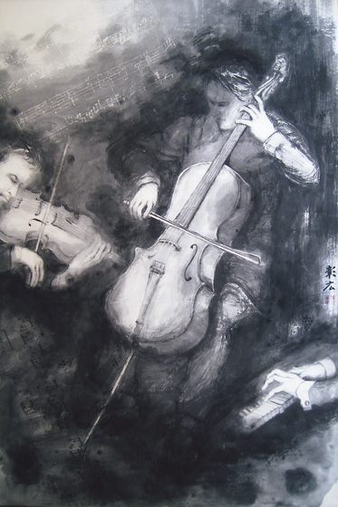 楽器からの音響を表現。<br />
好きなバレエ曲の音符を白と黒とで一部背景に描き込んだ。