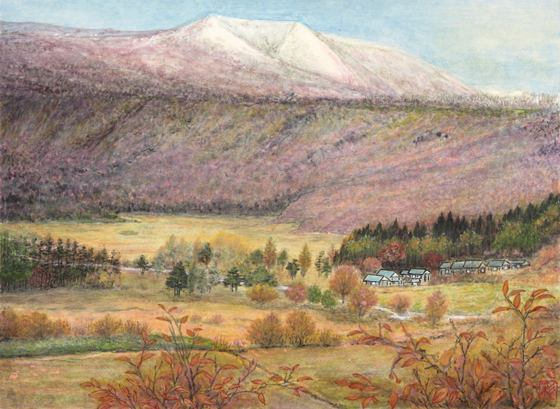 都会の喧騒を離れ、静かな城下町で、夫は菜園を、私は花々を育て、穏やかな暮らしを送っていた頃、マッキンリー登頂を果たした弟が山荘に家族と共に住むようになった。私達が訪れると馳走を囲んで大層賑やかな雰囲気になり、温泉に浸り、雄大な蔵王山麓のドライブを愉しんだ。ある日、蜿蜒（えんえん）と続く雑木林を抜け出た瞬間、視界が広がり、この風景に出遭った。絵筆を執れば不安な時勢の音は消え、絵の中から風の微（そよ）ぎ、鳥の囀りが聴こえてくる。