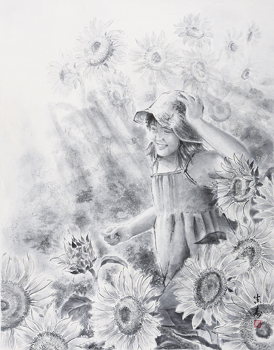 ある少女の夏休みの１ページを切り取ってみました。<br />
ひまわり畑の中の小径を元気に駆け抜けていく少女は、まるでお日様の国に迷い込んだアリスのよう？<br />
白い余白の部分を多めにとって、眩しい夏の午後を表現しました。