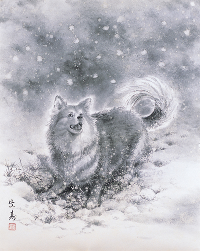 初雪に喜びはしゃぐ我が家の愛犬（雑種・メス）の様子を描きました。<br />
ふわふわの冬毛に雪をはねかえしながら「一緒に遊ぼう！」とうれしそうに私を見上げた瞬間を切り取ってみました。