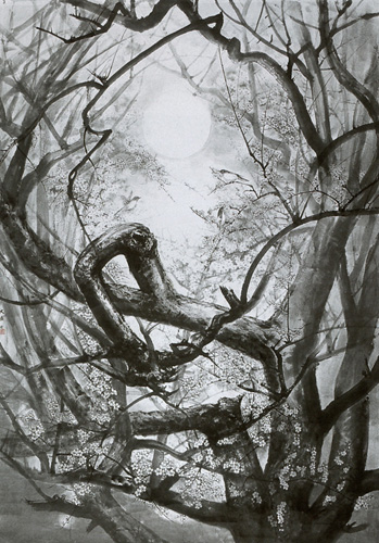 我が家の庭にある紅白の梅の木に、寒い冬が続いても晴れた日には毎年必ず何処ともなくメジロが数羽来て、花をついばむのを見て描いた作品です。日本古来から「松・竹・梅」は祝いのしるしとして伝えられています。私も水墨画に毎年描く題材です。松、竹は冬にも葉が青く、梅は春一番に咲く花として新年には玄関に門松として竹と共に飾り祝います。