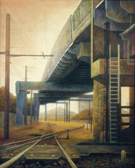 次の道への通過地点を思い、画材（モチーフ）に続く路線、一段一段登るはしご、遠くに見える山、<br />
人生の縮図。