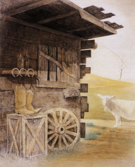 山羊は小屋のそばに行きました。黄色い長靴は主人のものです。<br />
暖かい懐かしさを感じ、じっと佇んでいました。（内蒙古自治区の旅から）