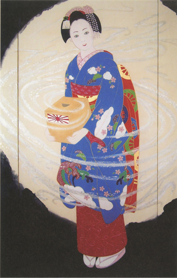 2011年3月、京での「ひろみの世界」個展開催中、忘れ得ぬ、いえ忘れてはならぬ震災が起きてしまった。京の人々は「都をどり」を例年通り催すことが日本の復興に繋がる！との結論に至った。私の使命は会場入口での舞妓達の募金の様を描き留めておく事！衣装の柄には、大波、飲み込まれた船や車のモチーフ、Backには津波の大渦を配した。