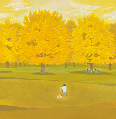 近くの公園です。川に沿っていて、以前犬と一緒に毎日歩きました。<br />
昨秋、久しぶりに行きました。銀杏は大きくなり丸い形をしていましたが、まだ緑色でした。広場で魚釣りの練習をしている人を見ました。<br />
秋が深くなり銀杏は色づき、私ははじめて黄色い絵を描きました。