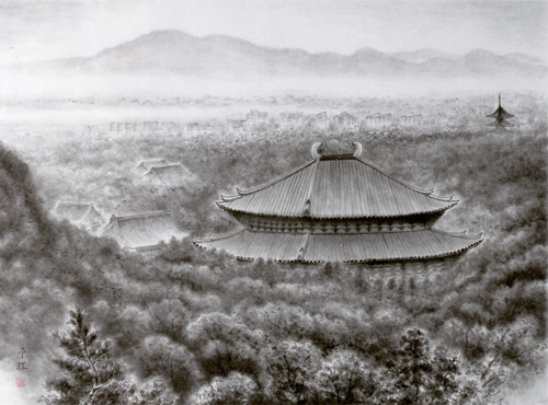 仏像に関心を持った息子が、奈良興福寺の参詣に出掛け、その車に同乗しました。<br />
高台の宿舎からの風景に感動でした。樹々が密集した山の麓には東大寺の屋根が構え、市街地をもやが漂い、遠く山々が続いておりました。時の流れを感じながらスケッチしました。