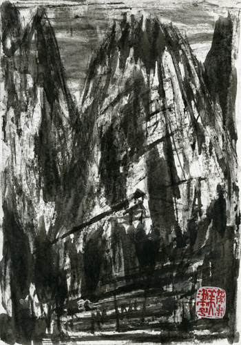 私の制作活動の一つとして、絵手紙のジャンルがある。主人が亡くなった時、絵手紙をかき、便りを出すことで、いろんな方々からブーメランのようにご返事を頂いた。私はいつしか悲しみから救われていた。<br />
この絵「谺（こだま）」は、亡き主人を思い描いた絵手紙である。私の思いは谺となって、天に届いた。